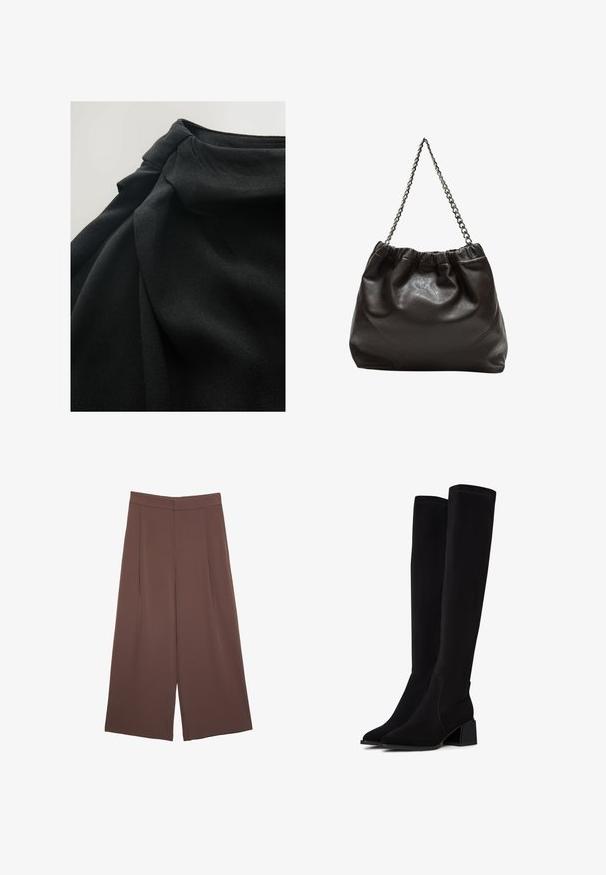 Crni materijal s mekom, teksturiranom površinom, s drapiranim slojevima i nabranim detaljem na vrhu, naglašavajući fluidnost u dizajnu.; Smeđe hlače širokog kroja s glatkom teksturom, koje imaju visok struk i nabore sprijeda. Tkanina je lagana i slobodno se kreće.; Crne čizme iznad koljena izrađene od mekog, teksturiranog materijala. Imaju blok-peti, šiljasti vrh i vidljive šavove.; Smeđa kožna torba s naboranim vrhom i lančićem za nošenje. Glatka tekstura s sjajnim završetkom i suptilnim šavnim detaljima sa strane.