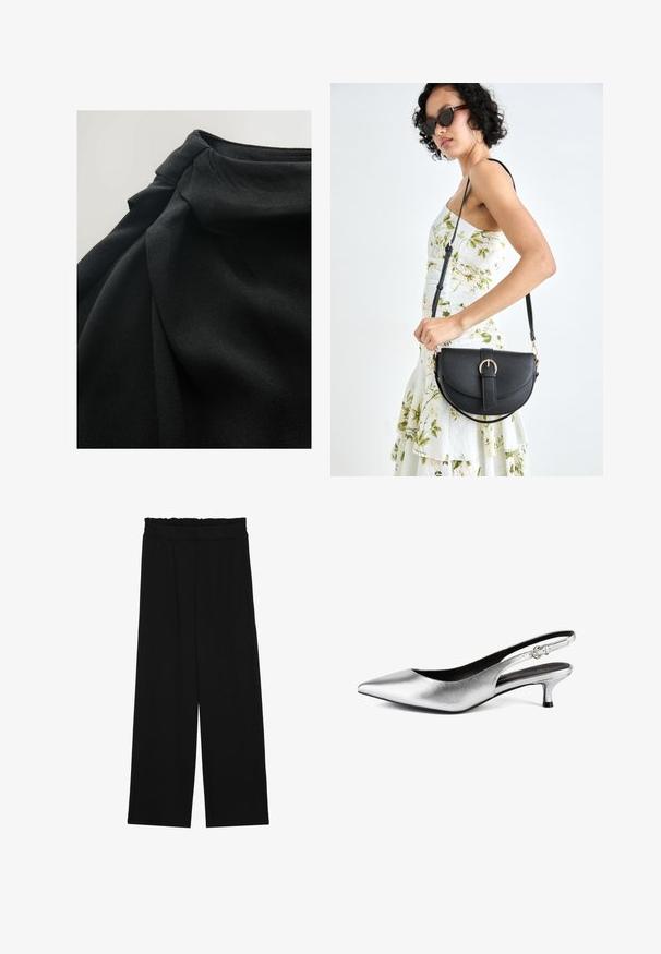 Crni materijal s mekom, teksturiranom površinom, s drapiranim slojevima i nabranim detaljem na vrhu, naglašavajući fluidnost u dizajnu.; Crne široke hlače s naboranim pojasom, koje imaju dva bočna džepa i glatku, laganu tkaninu. Nema vidljivih uzoraka ili metalnih dijelova.; Srebrni metalik slingback pumpe s šiljastim vrhom, niskom kitten potpeticom i glatkom teksturom. Ima usku traku s malim detaljem kopče.; Crna kožna torba s lukovitim oblikom, odvojivim remenom i zlatnim detaljima. Torba ima preklop s kopčom.