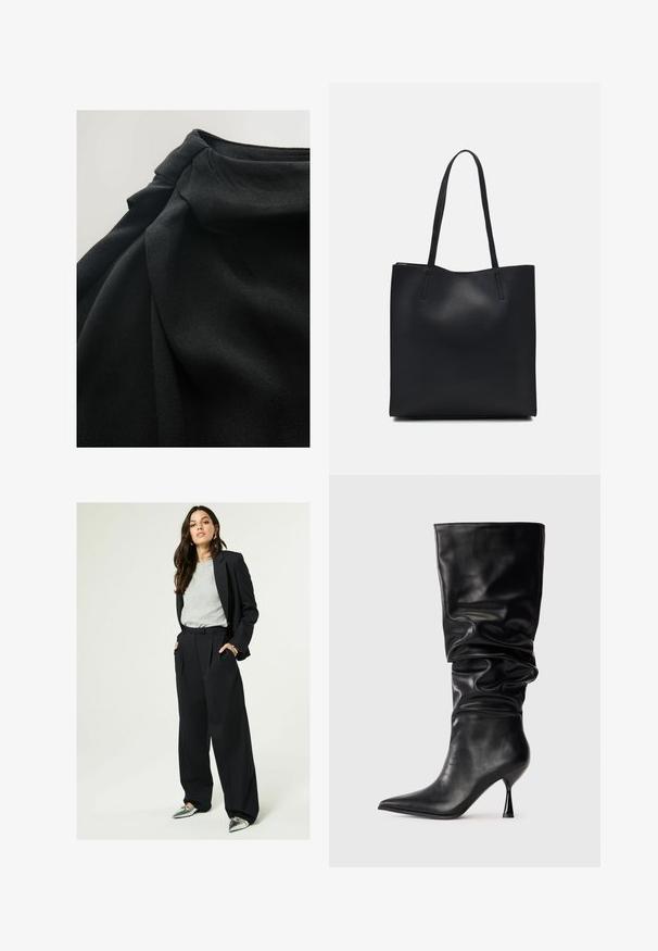 Mustaa kangasta, jossa on pehmeä, teksturoitu pinta, drapeerattuja taitoksia ja kerätty yksityiskohta ylhäällä, korostaen suunnittelun sujuvuutta.; Musta sovitettu bleiseri harmaan T-paidan päällä, yhdistettynä korkeavyötäröisiin, leveälahkeisiin mustiin housuihin ja metallinvärisiin kärkitossuihin.; Mustat nahkaiset polvipituiset saappaat, joissa on löysä muotoilu, terävä kärki ja ohut stiletto-korko, joka on varustettu sileällä pinnalla ja vähäisillä yksityiskohdilla.; Mustapahkainen kangaskassi, jossa on sileä pinta, suorakaiteen muotoinen ja kaksi pitkää kahvaa. Ei näkyvää metalliosaa tai koristeita.