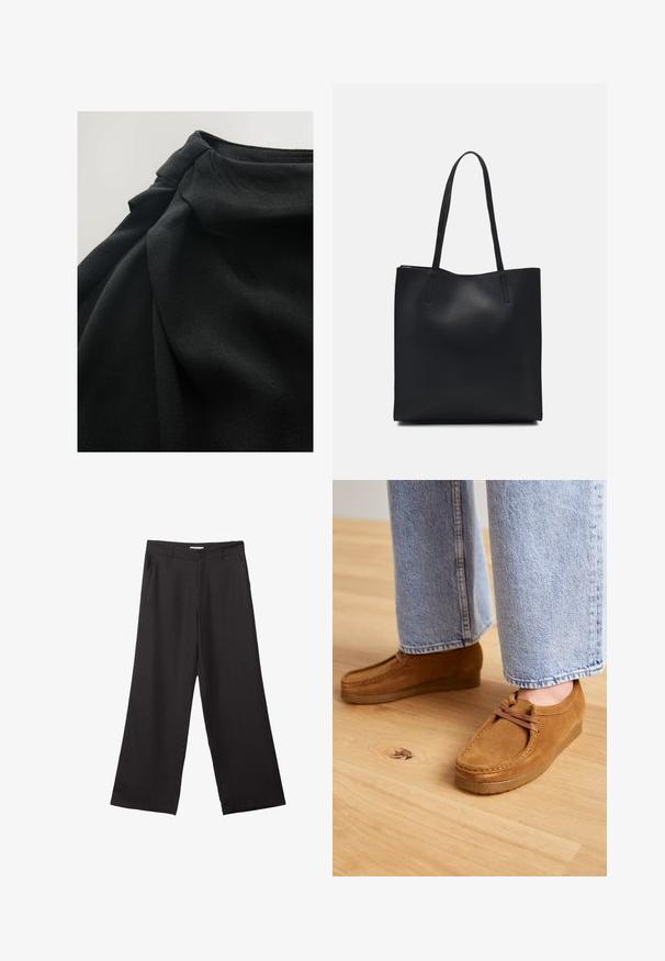 Crni materijal s mekom, teksturiranom površinom, s drapiranim slojevima i nabranim detaljem na vrhu, naglašavajući fluidnost u dizajnu.; Crne hlače širokog kroja izrađene od glatkog materijala, s prednjim patentnim zatvaračem i dva bočna džepa, s prilagođenim fitom i minimalističkim dizajnom.; Smeđe nubuk cipele s okruglim vrhom i svijetlosmeđim gumenim potplatom, s jednostavnim dizajnom vezica, uparene sa svijetloplavim trapericama.; Crna kožna torba za nošenje s glatkom teksturom, pravokutnim oblikom i dvije duge ručke. Nema vidljivih metalnih dijelova ili ukrasa.