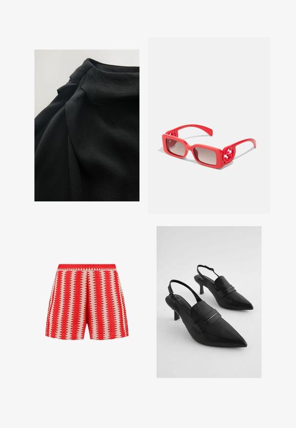 Černá látka s jemným, strukturovaným povrchem, se zavěšenými záhyby a nabraným detailem nahoře, zdůrazňující fluiditu v designu.; Červené šortky s texturovanou tkaninou, bílé svislé pruhy a vlnkovým vzorem. Elastický pas a volný střih.; Černé kožené sandály na podpatku se špičatou špičkou, s širokým předním páskem a akcentem ze stříbrného kovu. Texturovaný povrch, střední podpatek.; Červené plastové sluneční brýle se čtvercovými rámy, gradientními skly a kruhovými logovými akcenty na stranách. Hladký povrch s lesklým finišem.; Černá kožená kabelka s křivkovým tvarem, odnímatelným popruhem a zlatými detaily. Kabelka má klopu s přezkou.