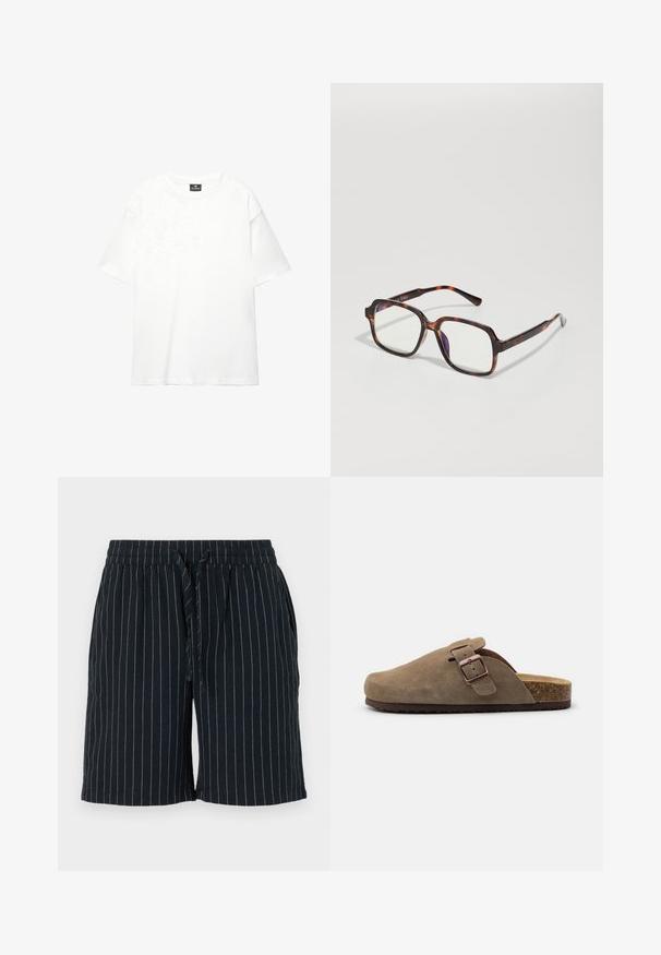 Bijela oversized majica izrađena od mekog, glatkog pamuka; ima kratke rukave, okrugli izrez i čist, neukrašen dizajn.; Tamno plave kratke hlače s uskim svijetlim prugama, elastičnom oznakom u struku, zatvaranjem na vezanje i bočnim džepovima. Izrađene od lagane tkanine.; Smeđi suede klompe s okruglim prstom, podesivim remenom i plitkom podstavom od plute. Potplat je tamne boje s teksturiranim dizajnom za bolje prianjanje.; Sunglasses u boji kornjače sa četvrtastim okvirima, prozirnim lećama i tankim drškama koje sadrže diskretni detalj logotipa. Mat i sjajna završna obrada.
