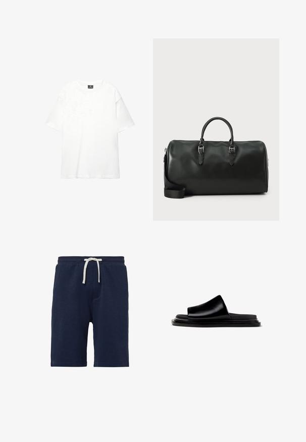 Witte oversized t-shirt gemaakt van zacht, soepel katoen; heeft korte mouwen, een ronde halslijn en een schoon, onversierd ontwerp.; Marineblauwe shorts van zachte stof, met een verstelbare tailleband, zijzakken en een eenvoudig, strak ontwerp. Gladde textuur.; Zwarte leren slipper-sandalen met een brede bovenriem en een platte, gelaagde zoolontwerp. Gladde textuur, minimale stijl en geen zichtbare hardware.; Zwarte leren sporttas met dubbele handgrepen, zilverkleurige hardware en een verstelbare schouderriem. Gladde textuur met een ritssluiting.