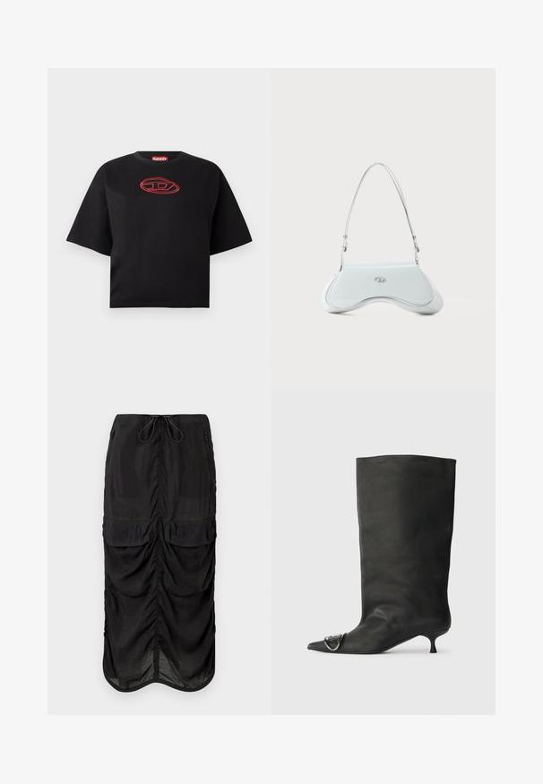Schwarzes kurzes, ärmelloses cropped T-Shirt mit einem roten gestickten ovalen Logo in der Mitte der Brust.; Schwarze Midirock aus leichtem Stoff. Mit gerafften Details, zwei Vorderaschen und einem Kordelzugbund für Anpassungsfähigkeit.; Schwarze Leder-Ankle Boots mit spitzem Zehenbereich, kleinem Absatz und metallischen Akzenten an der Spitze. Sanfte, matte Textur im gesamten Schuh.; Weiße Handtasche aus lackiertem Leder mit geschwungenem Design, silberner Hardware und subtiler Logo-Akzentuierung auf der Vorderseite. Verstellbarer Tragegurt inklusive.