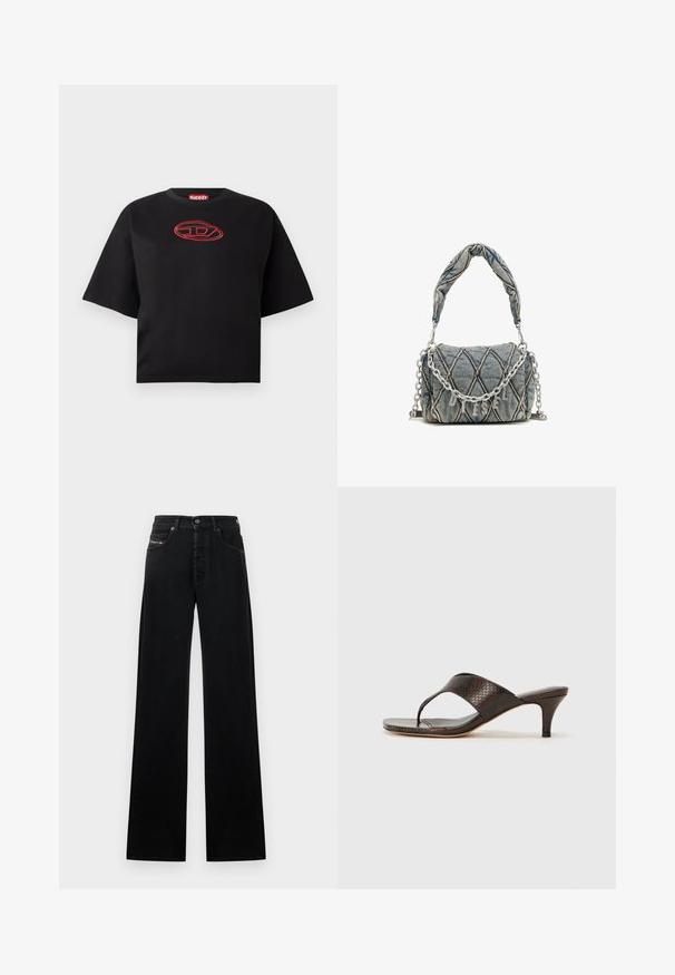 Black short-sleeve cropped T-shirt with a red embroidered oval logo centered on the chest.; Black wide-leg jeans made of denim, featuring a front button closure, five pockets, and a small logo patch on the waistband.; Brown faux snakeskin heeled sandals with a thong design and a square toe. The heel is approximately 2 inches tall, with a smooth finish.; Denim handbag with quilted pattern, blue color, short braided handle, and silver chain strap featuring metallic brand lettering detail.