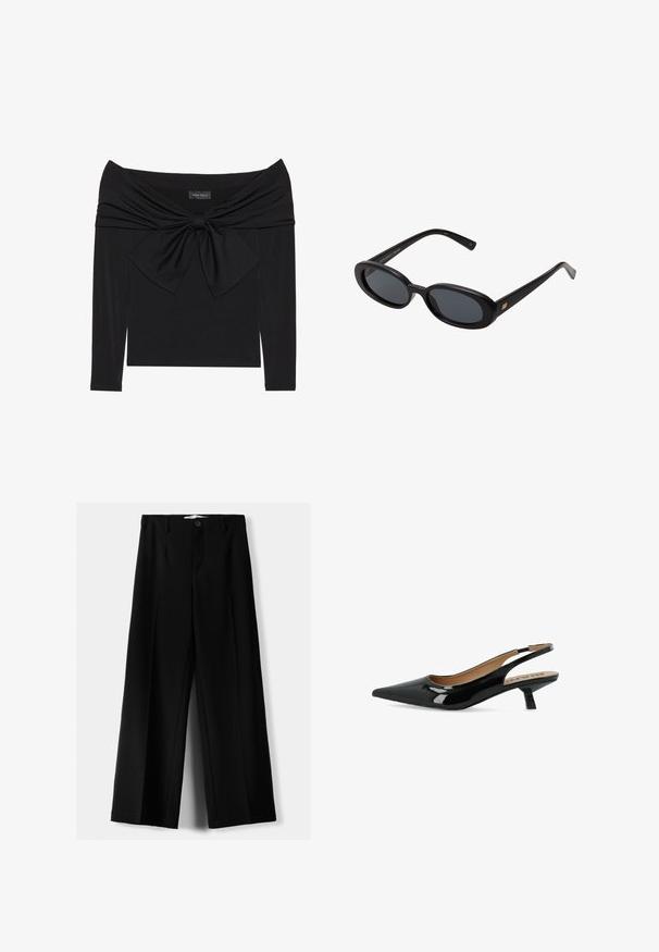 Fekete, hosszú ujjú felső, amelynek vállnélküli dekoltázsa van, csavart anyagkialakítással a mellkasnál, és nagy masnis díszítéssel az elülső részen.; Fekete, bő szárú nadrág, könnyű anyagból, elöl gombos záródással és sima elfröccsenésű fazonnal, szépen varrott szegélyekkel.; Fekete lakk bőr slingback pumpa hegyes orral és alacsony, négyzetes sarokkal. Simás textúrával és minimalista dizájnnal rendelkezik.; Fekete, oversize napszemüveg ovális lencsékkel, sima műanyag kerettel és arany részletekkel a fülpánton. Sötét lencséi védelmet nyújtanak a napfény ellen.
