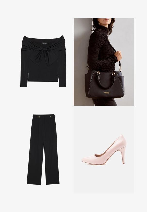 Black long-sleeve top featuring an off-shoulder neckline, twisted fabric design at the chest, and a large bow detail at the front.; Black wide-leg trousers with high waist, button details on waistband, and front pleats.; Pink patent leather high heel pump with a pointed toe and a sleek silhouette, featuring a 4-inch stiletto heel and a smooth finish.; Black handbag with textured surface, dual top handles, and adjustable shoulder strap. Features gold-tone hardware and side pockets.