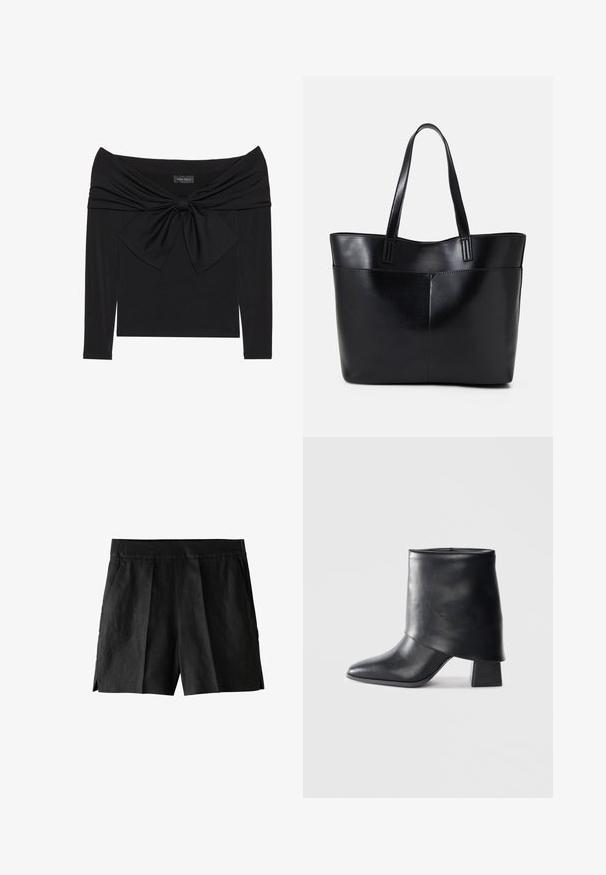 Mustat pitkähihaiset paita, jossa on olkaimeton kaula-aukko, kierretty kangassuunnittelu rinnassa ja suuri nauhakoriste edessä.; Mustatpellavashortsit, joissa on pleatattu etuosa, sivutaskut ja rento malli. Kangas on sileäpintainen ja suunnittelu on rentoa.; Mustat nahka nilkkurit, joissa on terävä kärki, sileä pinta ja jämäkkä lohkosaapas. Ominaisuuksia korkea, taitettu varren muotoilu.; Musta nahkainen kassi, jossa on kaksi pitkää kahvaa, sileä pinta ja jämäkkä muoto. Sisältää etutaskun lisävarastointia varten.