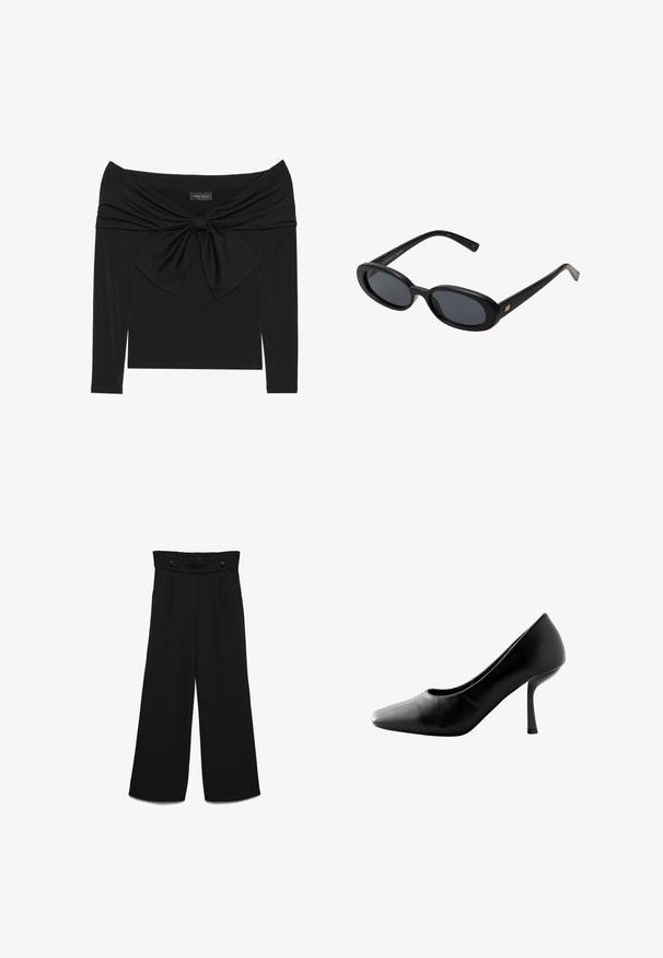 Fekete, hosszú ujjú felső, amelynek vállnélküli dekoltázsa van, csavart anyagkialakítással a mellkasnál, és nagy masnis díszítéssel az elülső részen.; Fekete, bőszárú nadrág magas derékpánttal, két elülső gombbal és sima textúrával. Egyenes szabású, elülső redőkkel.; Fekete magassarkú cipő hegyes orral és sima bőrfelülettel. Finom stiletto sarokkal és alacsony vágású dizájnnal rendelkezik.; Fekete, oversize napszemüveg ovális lencsékkel, sima műanyag kerettel és arany részletekkel a fülpánton. Sötét lencséi védelmet nyújtanak a napfény ellen.