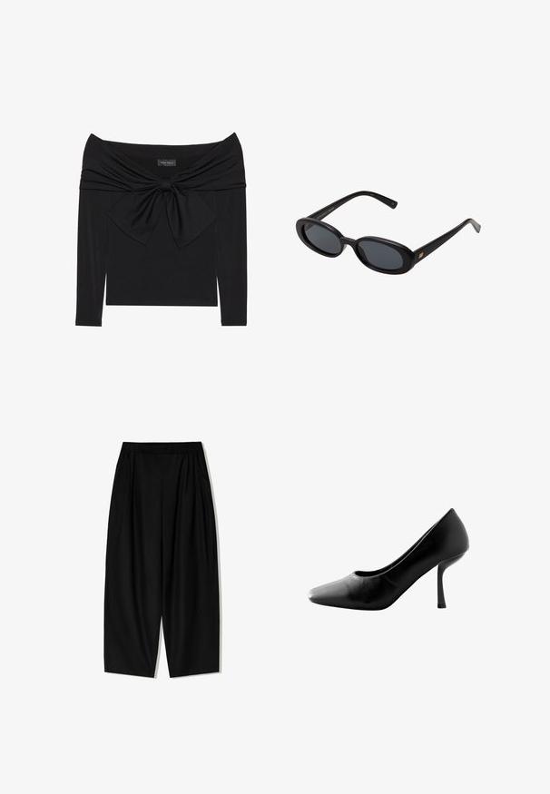Czarna, długa bluzka z długim rękawem z dekoltem odkrywającym ramiona, skręconym wzorem materiału na klatce piersiowej oraz dużą kokardą z przodu.; Czarne spodnie szerokie wykonane z miękkiego materiału. Posiadają elastyczny pasek w talii i boczne kieszenie, charakteryzują się luźnym, swobodnym krojem.; Czarna szpilka z ostrym noskiem i gładkim skórzanym wykończeniem. Posiada smukły obcas w kształcie słupka oraz niski fason.; Czarne, oversize okulary przeciwsłoneczne z owalnymi soczewkami, gładkim plastikowym mostkiem i złotymi akcentami na zausznikach. Ciemne soczewki zapewniają ochronę przed słońcem.