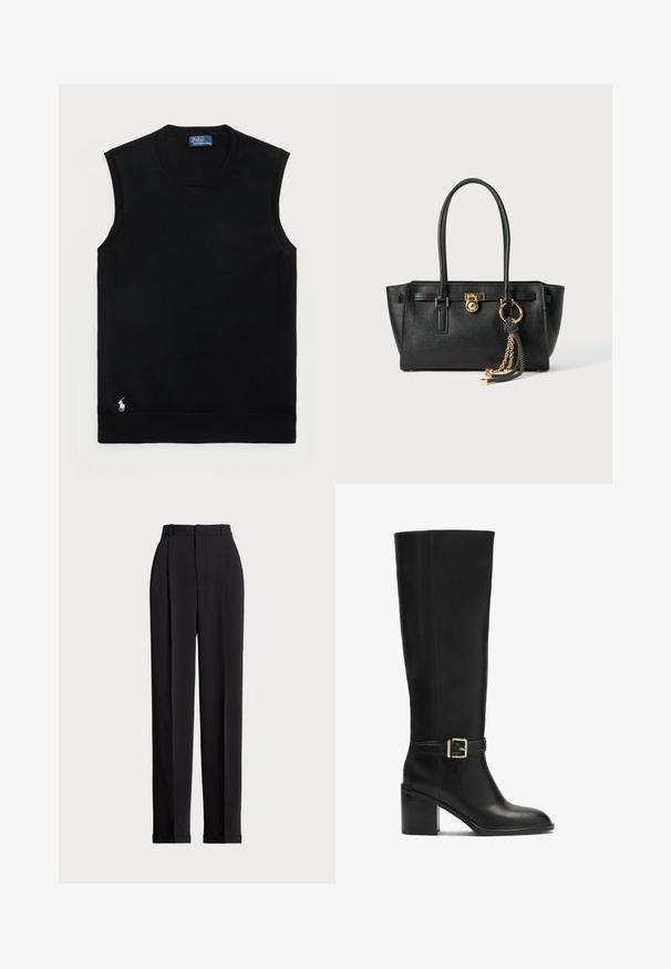 Melna bez piedurknēm kokvilnas džemperis ar apaļu kakla izgriezumu. Iezīmes neliels balts logo apakšējā kreisajā stūrī un ribota apdare.; Melnas piegriezuma bikses ar augstu jostasvietu, priekšā ar krokām, taisna kāju dizains un ar aprocēm. Izgatavotas no gludas auduma.; Melni zeķuboti līdz ceļiem, kas izgatavotas no gludas ādas, ar blokveida papēdi, zelta sprādzi un elegantu siluetu.; Melnas ādas rokassomu ar divām rokturiem, zelta slēdzi un ķēdes detaļu, kā arī melnbaltu pušķa aksesuāru uz balta fona.