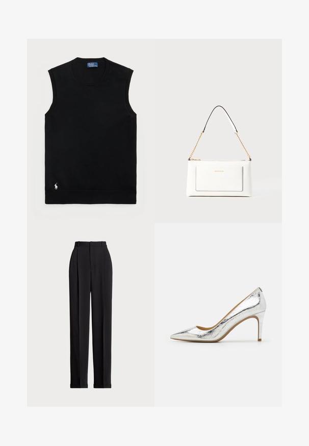 Maglione senza maniche in cotone nero con scollatura rotonda. Presenta un piccolo logo bianco nell'angolo in basso a sinistra e finiture a coste.; Pantaloni neri su misura a vita alta, con pieghe frontali, design a gamba dritta e orlo con risvolto. Realizzati in tessuto morbido.; Scarpa con tacco alto a punta in metallo argento, con una superficie liscia, tacco di 10 cm e un sottile motivo a pieghe lungo la superficie.; Borsa a tracolla bianca in pelle con un finish testurizzato, dotata di una tracolla in catena dorata e accenti neri. Include una tasca frontale e una chiusura con zip.