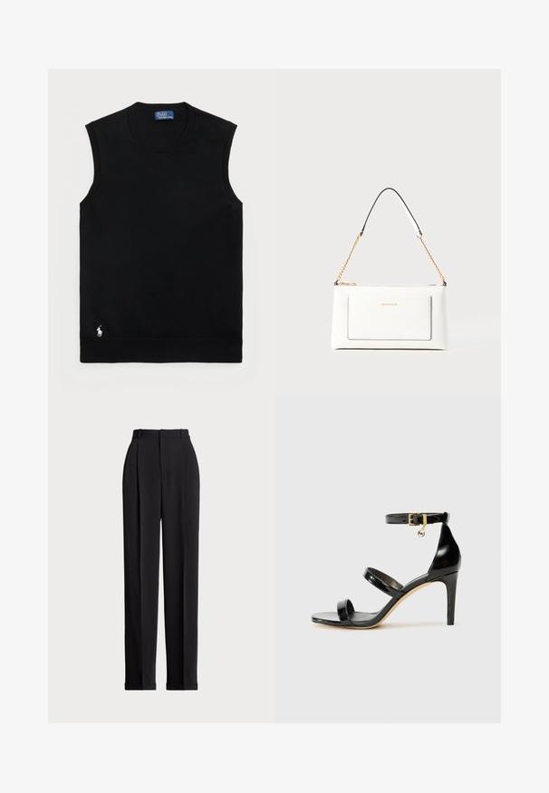 Crna bezrukavna pamučna dukserica s okruglim izrezom. Sadrži mali bijeli logo u donjem lijevom kutu i rebrasti rub.; Crne krojene hlače s visokim strukom, s naborima sprijeda, ravnim krojem i običnim rubom. Izrađene od glatkog materijala.; Crne lakirane kožne sandale s tri trake, kopčom na zapešću i potpeticom od 10 cm. Sadrže zlatne detalje i privjesak s logotipom.; Bijela kožna torba s teksturiranim završetkom, koja ima zlatni lančić i crne akcentne detalje. Uključuje prednji džep i zatvaranje na patentni zatvarač.