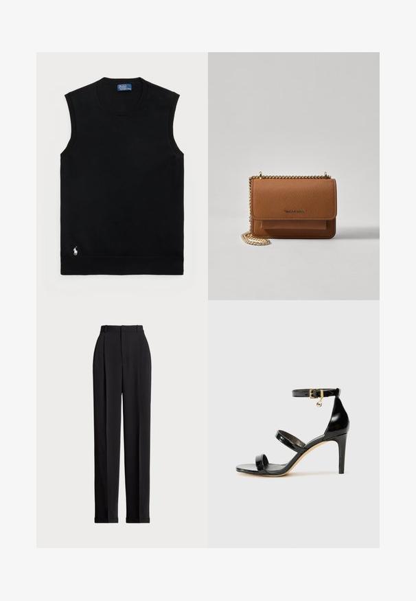 Crna bezrukavna pamučna dukserica s okruglim izrezom. Sadrži mali bijeli logo u donjem lijevom kutu i rebrasti rub.; Crne krojene hlače s visokim strukom, s naborima sprijeda, ravnim krojem i običnim rubom. Izrađene od glatkog materijala.; Crne lakirane kožne sandale s tri trake, kopčom na zapešću i potpeticom od 10 cm. Sadrže zlatne detalje i privjesak s logotipom.; Smeđa kožna torba preko tijela s teksturom, zlatnim lančićem i preklopom na zatvaranju. Na prednjoj strani nalazi se detalj s potpisom i džep ispod preklopa.