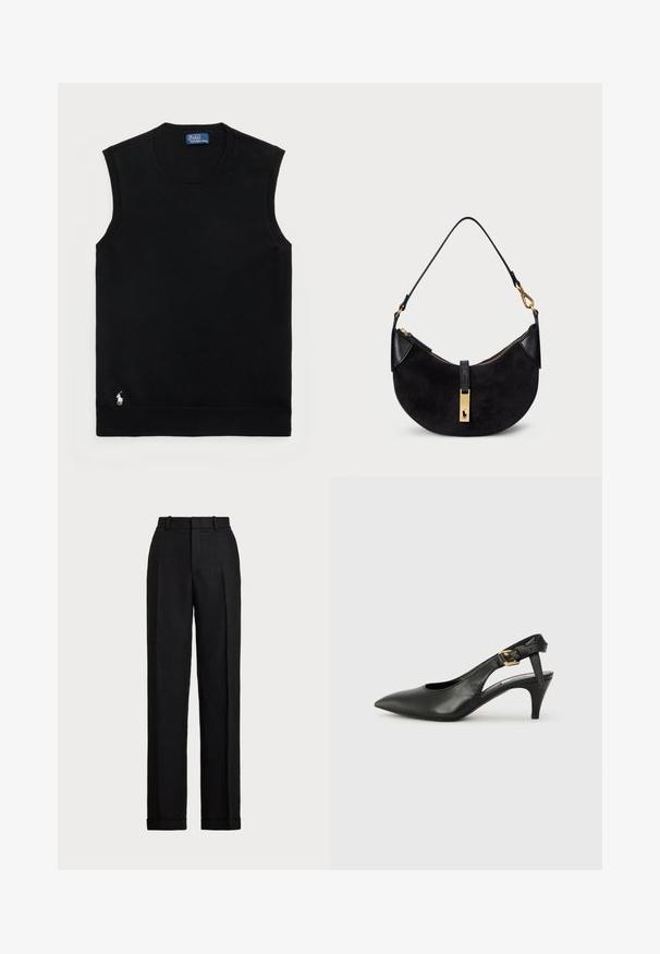 Melna bez piedurknēm kokvilnas džemperis ar apaļu kakla izgriezumu. Iezīmes neliels balts logo apakšējā kreisajā stūrī un ribota apdare.; Melni, augsta jostas līmeņa lina bikses. Aizraujoša taisna kāja, presētie krokas un aproces apakšmalā. Nav redzamu kabatu vai aizdaru.; Melnas ādas siksnu pumpas ar norādītu pirkstu, nelielu papēdi un sprādzes detaļu uz potītes siksnas. Gluda tekstūra, minimalistisks dizains.; Melnā rokas soma ar izliekta formu, izgatavota no zamšādas un ādas, ar zelta toņa rāvējslēdzēju un logo detaļu. Iekļauta īsā rokturi.