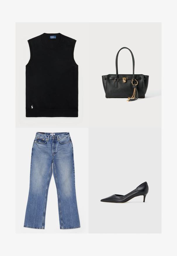 Čierny bezrukávový bavlnený sveter s okrúhlym výstrihom. Obsahuje malé biele logo v dolnom ľavom rohu a rebrované okraje.; RE/DONE LOOSE - Džínsy bootcut - hacienda; Čierny kožený lodička s špičatou špičkou a nízkym opätkom. Má hladkú textúru a jemný lesk. Vpredu je otvorený výrez pre zvýraznenie detailu.; Čierna kožená kabelka s dvojitými uchami, zlatým zámkom a reťazovým detailom, a čierno-bielym strapcom na bielom pozadí.