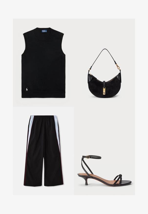 Mustmust särk ilma varrukat, ümmarguse kaelusega. Omab väikest valget logo alumises vasakus nurgas ja soonikset.; Mustad sportpüksid laia säärtega, millel on helesinised ja punased külje triibud ning ees väike "FENTY" logo.; Polo Ralph Lauren LEATHER KITTEN-HEEL SANDAL - Klassikalised kontsakingad - black; Must värvusega kott, millel on kumer kuju, valmistatud sametist ja nahast, millel on kuldse tooni tõmblukk ja logo detail. Kaasas lühike sang.
