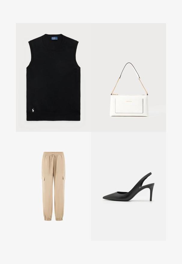Fekete ujjatlan pamut pulóver kerek nyakkivágással. Az alján bal oldalon egy kis fehér logó található, és bordázott díszítéssel rendelkezik.; Beige színű cargo nadrág, puha anyagból, rugalmas derékkal, zsinórral és oldalsó zsebekkel. Fokozatosan szűkülő lábakkal és rugalmas szegélyekkel.; Fekete bőrszíjjal ellátott magassarkú cipők, hegyes orral, elöl kivágott dizájnnal és vékony stiletto sarkakkal.; Fehér bőr kézitáska, texturált felülettel, arany lánccal és fekete részletekkel. Elülső zsebbel és cipzáros zárással rendelkezik.