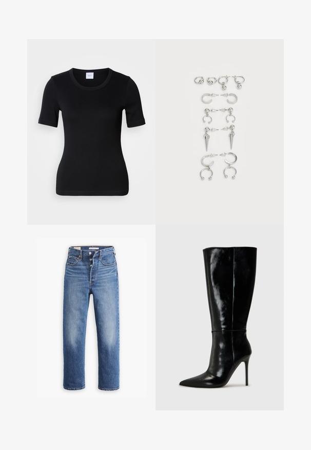 Črna kratka majica s kratkimi rokavi iz mehke bombažne tkanine. Ima okrogel izrez in oprijet kroj z minimalnimi šivi.; Modre jeansi iz denima z visokim pasom, ravnim krojem in zbledelimi površinami. Imajo sprednje žepe in kovinske dodatke.; Črne usnjene škornje do kolen s koničastim nosom in visokim stiletto peto. Gladka tekstura in eleganten dizajn, ki vključuje minimalne detajle.; Komplet srebrnih ušesnih uhani z različnimi oblikami: obroči, stud earrings in viseči slogi, z okroglimi poudarki in koničnimi elementi.