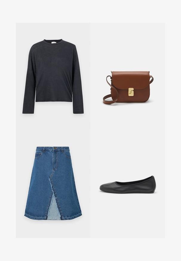 Donkergrijze, lange mouwen, cropped t-shirt gemaakt van een lichtgewicht, licht textuurstof. Beschikt over een ronde halslijn en een losse pasvorm.; Blauwe spijkerrok met een uitlopende vorm, voorzien van een split aan de voorkant en een rafelige zoom. Klassiek design met vijf zakken en een metalen knoopsluiting.; Zwarte leren ballerina met een ronde neus, gladde textuur, minimale stikdetails en een flexibele zoolontwerp.; Bruine leren handtas met een klep sluiting, gouden hardware, een schouderband en een gladde textuur. Compact rechthoekige vorm.