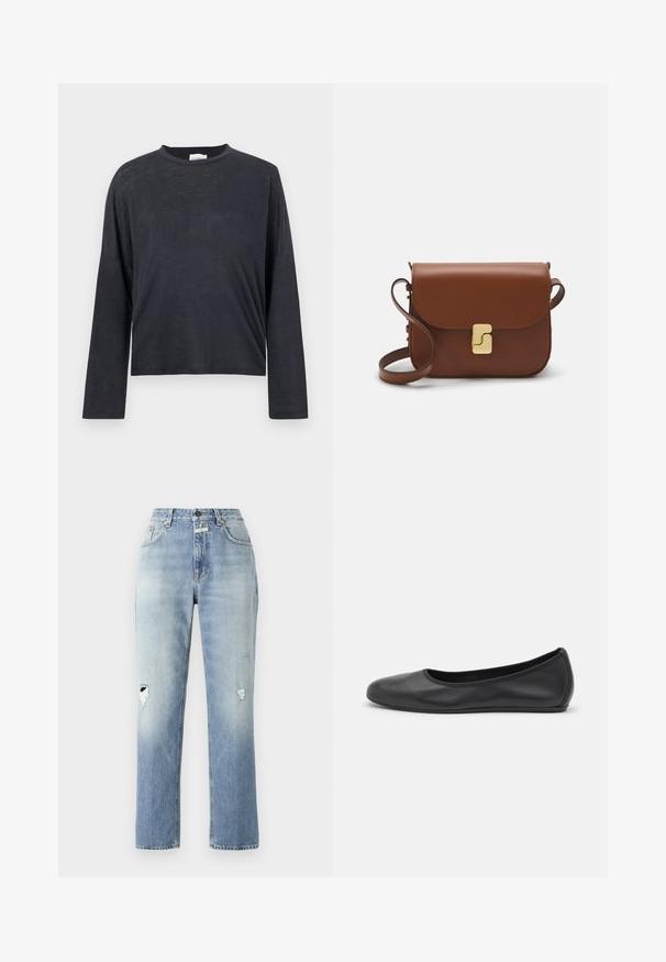 Tamno siva, dugih rukava, skraćena majica od lagane, blago teksturirane tkanine. Ima okrugli izrez i slobodan kroj.; Svijetloplave traperice s visokim strukom i ravnim nogavicama. Imaju detalje s oštećenjima na oba koljena i klasičan dizajn s pet džepova.; Crne kožne baletanke s zaobljenim vrhom, glatke teksture, minimalnim detaljima šavova i fleksibilnim dizajnom potplata.; Smeđa kožna torba s preklopom, zlatnim detaljima, remenom za nošenje preko ramena i glatkom teksturom. Kompaktni pravokutni oblik.