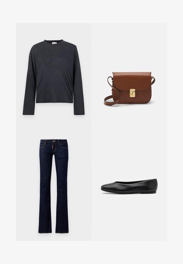 Dark grey, long-sleeve, cropped t-shirt made from a lightweight, slightly textured fabric. Features a round neckline and loose fit.; Dark blue denim flared jeans with standard five-pocket design, visible stitching details, and a button closure at the waist.; Paul Smith TOPANGA - Ballet pumps - black; Brown leather handbag with a flap closure, gold-tone hardware, a shoulder strap, and a smooth texture. Compact rectangular shape.