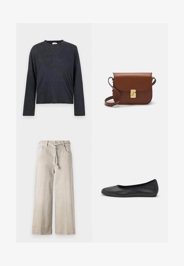 Mörkgrå, långärmad, cropped t-shirt i ett lätt, något texturerat material. Har rund halsringning och en lös passform.; CLOSED LYNA - Jeans relaxed fit - beige; Svart läderballerinaskor med rund tå, slät yta, minimala söm detaljer och en flexibel sula.; Brun läderhandväska med klaffstängning, guldfärgad hårdvara, axelrem och en slät yta. Kompakt rektangulär form.