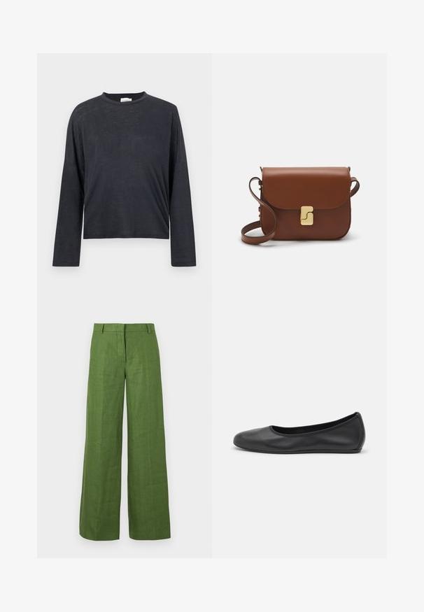 Dark grey, long-sleeve, cropped t-shirt made from a lightweight, slightly textured fabric. Features a round neckline and loose fit.; Weekend Max Mara MALIZIA - Trousers - green; Black leather ballet flat with a rounded toe, smooth texture, minimal stitching detail, and a flexible sole design.; Brown leather handbag with a flap closure, gold-tone hardware, a shoulder strap, and a smooth texture. Compact rectangular shape.