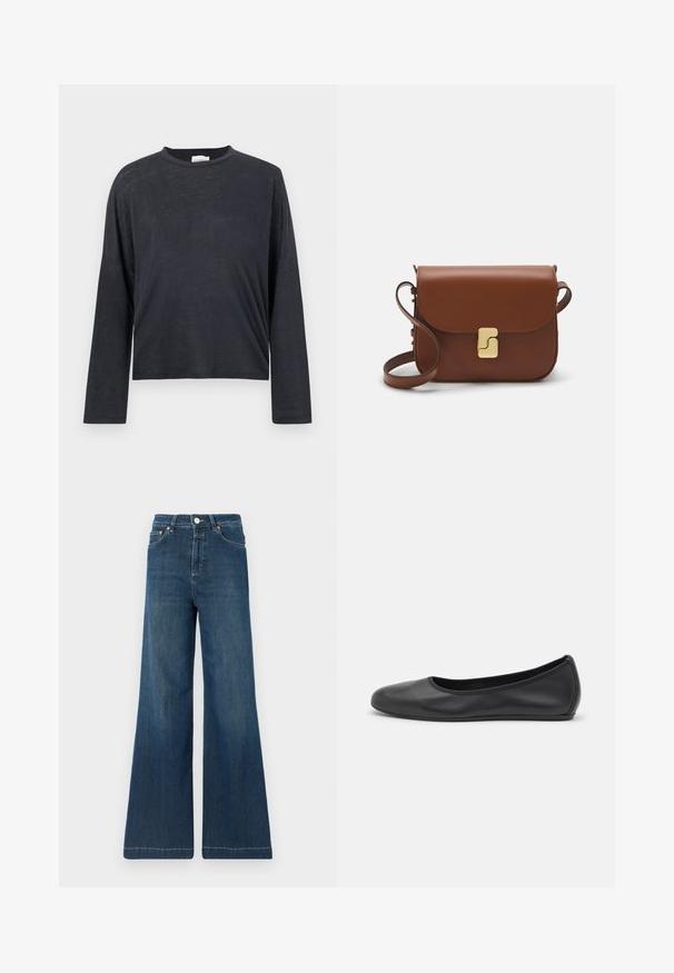 T-paita, tumma harmaa, pitkät hihat, lyhyt malli, valmistettu kevyestä, hieman rakenteellisesta kankaasta. Ominaisuuksina pyöreä kaula-aukko ja letkeä istuvuus.; Suuret lahkeet farkut tummansinisestä denimistä, joissa on korkea vyötärö, kuparinväriset yksityiskohdat ja hillitty haalistus. Puhtaat lahkeet ilman lisäkuvioita.; Musta nahkainen ballerina, jossa on pyöristetty kärki, sileä pinta, minimaalinen ommelkoristelu ja joustava pohjamuotoilu.; Ruskea nahkainen käsilaukku, jossa on läppäkiinnitys, kultasävyiset yksityiskohdat, olkahihna ja sileä pinta. Kompaktin suorakaiteen muotoinen.