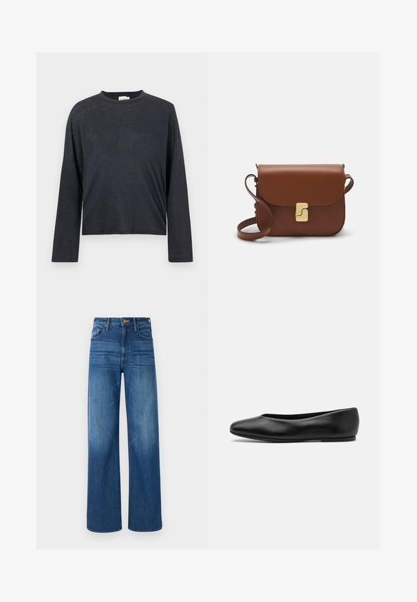 Dark grey, long-sleeve, cropped t-shirt made from a lightweight, slightly textured fabric. Features a round neckline and loose fit.; Mother THE LASSO SNEAK - Relaxed fit jeans - dark blue denim; Paul Smith TOPANGA - Ballet pumps - black; Brown leather handbag with a flap closure, gold-tone hardware, a shoulder strap, and a smooth texture. Compact rectangular shape.