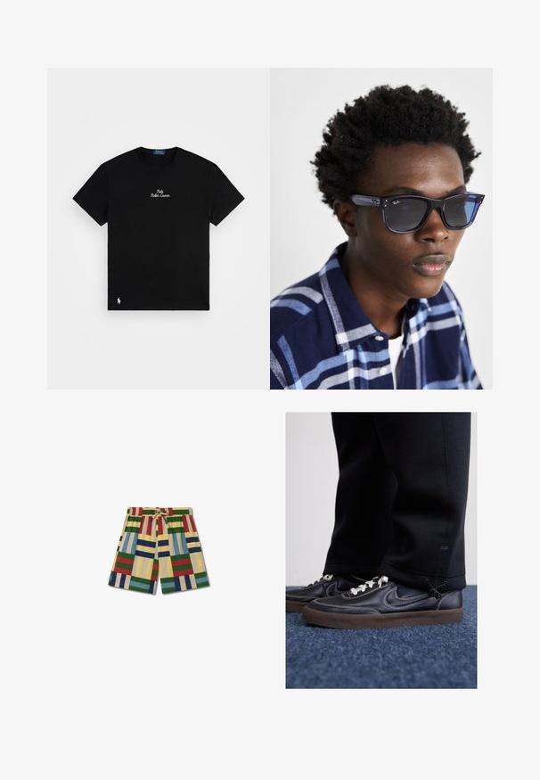 Zwart katoenen T-shirt met ronde hals, korte mouwen, geborduurd "Polo Ralph Lauren" logo in het wit, en een klein wit logo op de onderzoom.; Thinking Mu HENRY - Trainingsbroek - pale yellow; Nike Sportswear KILLSHOT 2 LTR PRM OPP2 - Sneakers laag - black sail baroque brown mtlc dk grey; Blauwe Ray-Ban zonnebril met een glanzende afwerking, vierkante vorm en donkere lenzen; gedragen met een marineblauwe en lichtblauwe geruite overhemd.