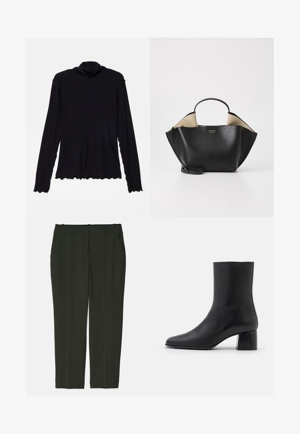 Rodebjer CISNE - Longsleeve - black; Donkergroene, op maat gemaakte broeken van gladde stof. Beschikt over twee voorzakken, een platte tailleband en een recht gesneden ontwerp zonder zichtbare patronen.; Zwarte leren enkelboot met een spitse neus en een chunky vierkante hak. Glad oppervlak met een naadloos ontwerp en minimalistische stiksels.; Ree Projects ANN TOTE MINI - Handtas - black