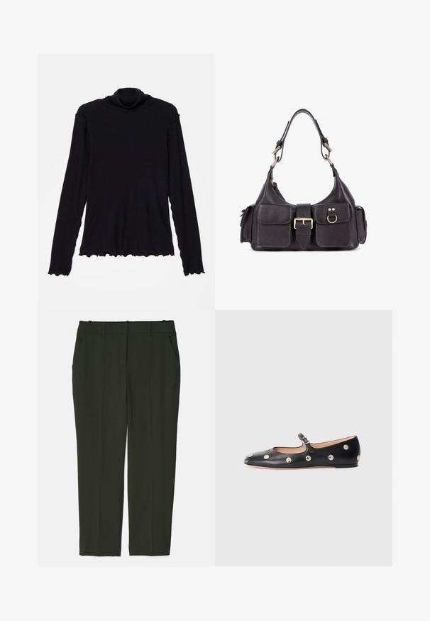 Rodebjer CISNE - Langærmet T-shirt - black; Mørkegrønne skræddersyede bukser lavet af glat stof. Har to forlommer, en flad talje og lige ben-design uden synlige mønstre.; Sorte læder Mary Jane flad sko med en rund tå, udstyret med sølvfarvede runde nitter og en justerbar rem med spænde.; Mørk læderhåndtaske med to frontlommer, en central spænde og hardware i guldtoner. Glat tekstur med en buet silhuet.