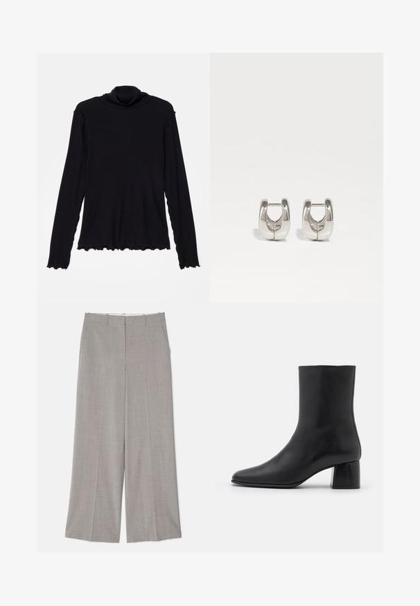 Rodebjer CISNE - T-shirt à manches longues - black; Pantalons à jambes larges gris clair en tissu lisse et texturé. Les caractéristiques incluent des poches latérales et une coupe ajustée avec une coupe droite.; Bottine en cuir noir avec un bout pointu et un talon carré épais. Texture lisse avec un design sans coutures et descoutures minimalistes.; Boucles d'oreilles en argent en forme de cerceau, avec une surface métallique lisse et un design ouvert au centre, reflétant la lumière.