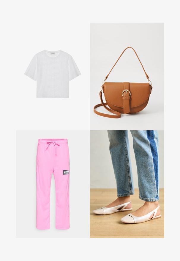 Top branco de mangas curtas com decote redondo, apresentando um padrão de pontos texturizados por toda a peça e um ajuste descontraído. Tecido suave com um acabamento liso.; Calças de moletom rosa da Nike com cintura elástica, cordão, bolsos laterais, botões de pressão ao longo das pernas e um emblema preto e branco na coxa.; Sapatilhas slingback de cor rosa pálido com bico fino, feitas de um material semelhante a couro liso. Apresentam detalhes recortados nas laterais e um salto plano.; Bolsa transversal de couro castanho com um formato curvado, ferragens douradas e um detalhe de fivela. Inclui uma alça de ombro destacável.