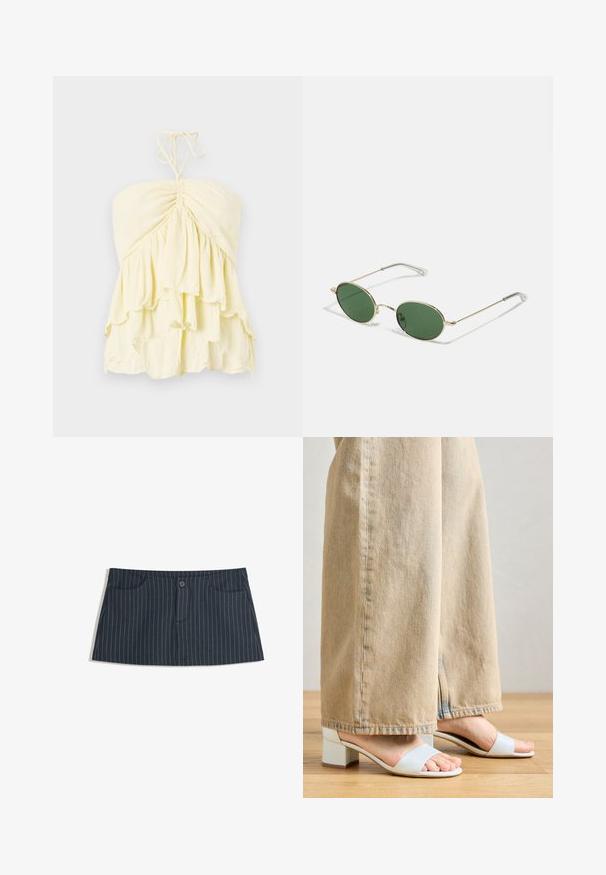 Yellow strapless top with ruched bodice, featuring layered ruffles. Made from lightweight fabric with a soft texture. Ties at the neck.; Navy blue pinstripe mini skirt with front pockets and a single button closure at the waist.; Light blue block-heeled sandals with two wide straps. Worn with beige wide-leg pants, showcasing the shoe design against the fabric texture.; Gold-framed sunglasses with green oval lenses and thin metal arms. Features clear plastic tips on the arms for comfort.; Black leather handbag with a structured design, top handle, and fringe detailing. Features a detachable shoulder strap for versatility.; Gold hoop earrings feature a smooth, rounded design with a polished finish. They have a hinged closure for easy wear.