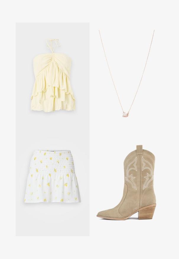 Dzeltena bezplecu blūze ar krokotām krūtīm, kurai ir slāņveida volāni. Izgatavota no viegla auduma ar mīkstu tekstūru. Aizdare ap kaklu.; Balta svārki ar smocētu tekstūru un dzeltenu ziedu rakstu. Apakšmalai ir izplūstoša forma, radot brīvu siluetu.; Bežīgas zamša kovboju zābaki ar norādītu pirkstu, dekoratīvām baltām šuvēm un sakrautām koka papēžiem. Aizmugurē ir pievilkšanas cilpa.; Rozā zelta kaklarota ar gulbja piekariņu, rotāta ar caurspīdīgiem kristāliem. Ķēde ir izstrādāta ar smalku saites dizainu.