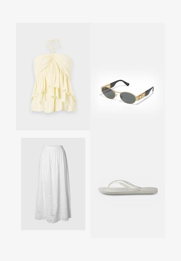 Top amarillo sin tirantes con cuerpo fruncido, que presenta volantes en capas. Fabricado con una tela ligera y de textura suave. Se ata al cuello.; Falda midi blanca con cintura elástica, que presenta bordados florales y detalles recortados en el dobladillo, confeccionada en tejido ligero.; Chanclas blancas con suela texturizada, presentan tiras delgadas y un diseño plano. Fabricadas en goma con un sutil logotipo en la plantilla.; Gafas de sol ovaladas con una montura de metal dorado y lentes grises. Cuenta con brazos de acetato negro con acentos dorados y detalle del logo en los lados.; Collar de oro rosa con un colgante de cisne, adornado con cristales transparentes. La cadena presenta un diseño de eslabones delicados.