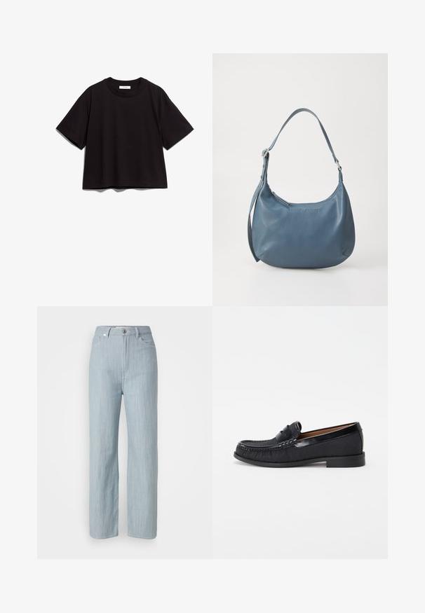 Fekete pamut rövid ujjú t-shirt, kerek nyakkivágással. Lazán illeszkedő stílus, egyszerű, díszítés nélküli dizájnnal.; Világoskék egyenes szárú farmernadrág. Öt zsebbel, fém gombos záródással és finom kopási hatással a textúra érdekében rendelkezik.; Fekete, textúrált anyagból készült, slip-on loaferek, fényes bőr kiegészítővel és finom varrási részletekkel, alacsony gumitalppal.; Kerekded formájú, kék bőr kézitáska, egyetlen vállpánttal, cipzárral záródik, az elülső részen domborított márkanevével. Simák a textúrája.