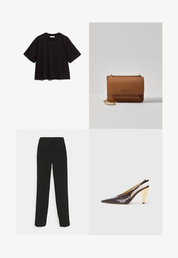 Sort bomulds t-shirt med rund halsudskæring og korte ærmer. Har en afslappet pasform og et enkelt, uprydet design.; Sorte skræddersyede bukser med lige ben, højtaljet, med pressefolder og en glat stofstruktur.; Spids-tå slingback hæl i mørkebrun blank fake krokodillelæder. Har en guldfarvet geometrisk hæl og justerbar ankelrem.; Brun tekstureret læder crossover-taske med guldkæde-rem og klaplukning. Forsiden har logo-detalje og en lomme under klappen.