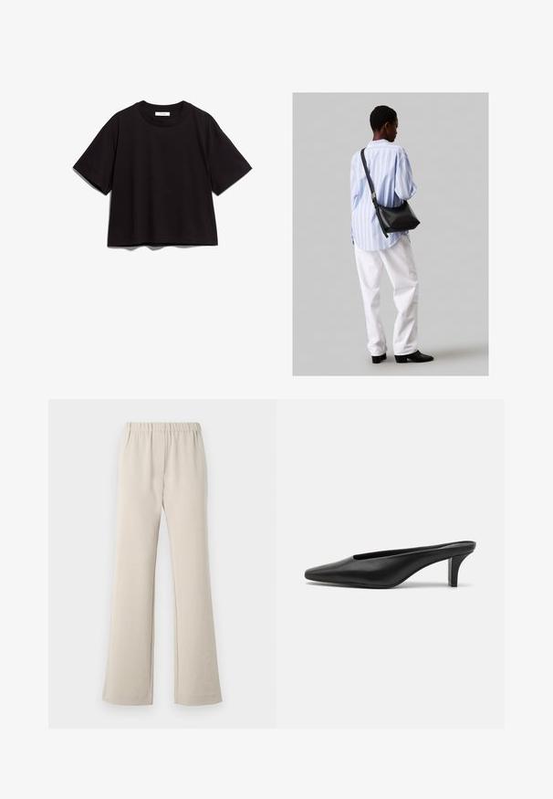 Fekete pamut rövid ujjú t-shirt, kerek nyakkivágással. Lazán illeszkedő stílus, egyszerű, díszítés nélküli dizájnnal.; Bézs, bővülő nadrág sima szövetből, elasztikus derékkal és minimális részletezéssel. Kényelemre és egyszerű viseletre tervezték.; Fekete bőr, hegyes orrú mokaszin, alacsony stiletto sarokkal. Simább textúra, minimalista kialakítás, és nyitott hátul a könnyű felvétel érdekében.; Fekete bőr válltáska puha tapintással, háromszög alakú, állítható pánttal, világoskék csíkos inggel és fehér nadrággal párosítva.