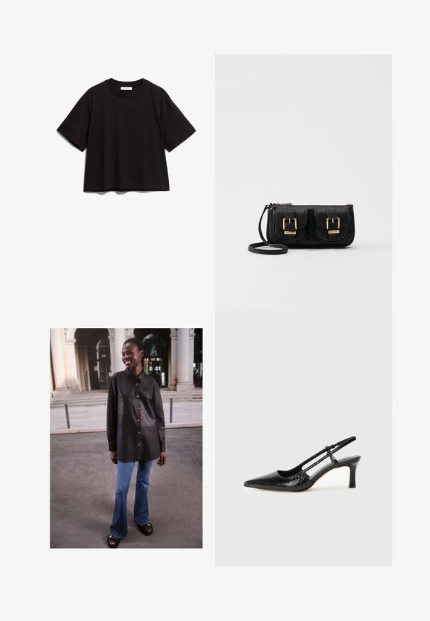 T-shirt en coton noir avec un col rond et des manches courtes. Présente une coupe décontractée et un design simple, sans embellissement.; Chemise en cuir noir avec fermeture à boutons, design col et poche avant, associée à un jean en denim bleu évasé et des sandales noires.; Escarpin slingback en vernis noir avec un bout pointu, présentant un imprimé serpent texturé, une sangle réglable et un petit talon bloc texturé.; Sac en cuir noir porté en travers avec deux poches avant, boucles dorées, fermeture zippée et une sangle fine. Surface texturée et forme rectangulaire compacte.