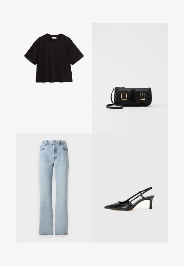 Crna pamučna kratka majica s okruglim izrezom i kratkim rukavima. Ima opuštenu kroj i jednostavan, neukrašen dizajn.; Svijetloplavi traperice s visokim strukom, ravnim nogavicama, klasičnim dizajnom s pet džepova i suptilnim izblijedjenjem.; Crne lakirane slingback pete s oštrim vrhom, s teksturiranim uzorkom zmijske kože, podesivom remenom i kratkom, teksturiranom blok-petom.; Crna kožna torba preko ramena s dva prednja džepa, zlatnim kopčama, zatvaranjem na zip i uskim remenom. Teksturirana površina i kompaktan pravokutan oblik.