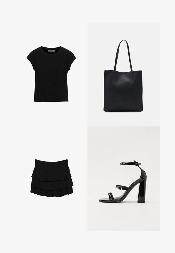 Schwarzes Kurzarm-T-Shirt aus weichem Stoff, mit Rundhalsausschnitt und lockerer Passform, glatter Textur und ohne Muster.; Schwarzer, gestufter Rock aus leichtem Material, mit drei horizontalen Rüschen und einem elastischen Bund für einen bequemen Sitz.; Schwarze patentierte Sandalen mit Absatz, quadratischer Spitze, Knöchelriemen und silbernen Schnallen. Mit einem stabilen Blockabsatz für mehr Stabilität.; Schwarze Laptoptasche aus Leder mit glatter Textur, rechteckiger Form und zwei langen Griffen. Keine sichtbaren Beschläge oder Verzierungen.