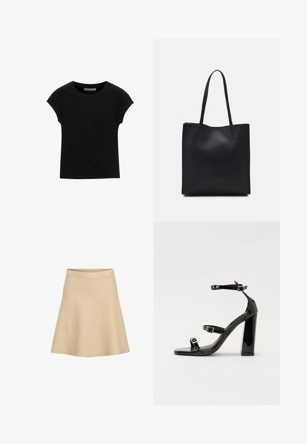 T-shirt noir à manches courtes en tissu doux, avec un col rond et une coupe décontractée, au toucher lisse et sans motifs.; Une jupe évasée beige en tissu texturé avec une taille haute et un ourlet lisse, conçue pour une silhouette simple et épurée.; Sandales à talons vernies noires avec un bout carré, des sangles autour de la cheville et des boucles en argent. Dotées d'un talon bloc épais pour plus de stabilité.; Sac fourre-tout en cuir noir avec une texture lisse, de forme rectangulaire et deux longues poignées. Pas de matériel ou d'ornementations visibles.