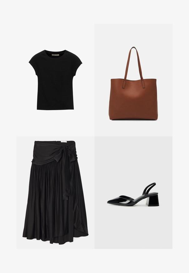 Tricou negru cu mânecă scurtă, confecționat dintr-un material moale, cu guler rotund și o croială lejeră, având o textură fină și fără modele.; Fustă neagră dintr-un material neted și fluid; are o talie largă, drapată, cu un sistem de legare și detalii plise pentru o formă vaporuoasă.; Pantofi cu toc slingback din piele lacuită neagră, cu vârf ascuțit și toc geometric. Prezintă un design elegant, minimalist și o textură netedă.; Geantă de umăr din piele maro cu o textură netedă, design cu vârf deschis și două curele pentru umăr. Prezintă cusături minime și fără componente metalice vizibile.