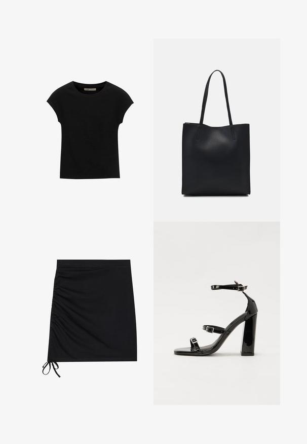 Fekete, rövid ujjú póló, puha anyagból, kerek nyakkivágással és laza szabással, sima felülettel és minták nélkül.; Fekete mini szoknya puha anyagból, oldalán ráncolással és kötéssel az alján. Sima textúra, formás sziluett.; Fekete lakk magas sarkú szandál négyzet alakú orral, bokapántokkal és ezüst csatokat tartalmaz. Masszív blokk sarka a stabilitásért felel.; Fekete bőrtáska sima felszínnel, téglalap alakú, két hosszú füllel. Nincs látható fémkiegészítő vagy díszítés.
