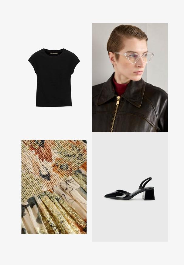 T-shirt noir à manches courtes en tissu doux, avec un col rond et une coupe décontractée, au toucher lisse et sans motifs.; Next REGULAR FIT - DROP WAIST - Jupe longue - cream sparkle; Escarpins en cuir verni noir avec bout pointu et talon bloc géométrique. Présente un design élégant et minimaliste ainsi qu'une texture lisse.; Lunettes en acétate transparent en forme de yeux de chat avec des verres jaunes, portées par une personne en veste en cuir noir et en col roulé rouge. Texture lisse.