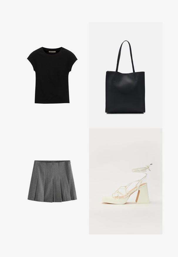 Svart kortärmad t-shirt i mjukt tyg med rund halsringning och avslappnad passform, med en jämn textur och utan mönster.; Grå plisserad kjol i ett mjukt material, med midjeband och enhetliga veck för en strukturerad look.; Vit högklackad sandal med en kraftig klack, med ett remdesign och ankelband. Slät textur med en plattform framtill för ökad höjd.; Svart lädertoffelväska med slät textur, rektangulär form och två långa handtag. Ingen synlig hårdvara eller dekorationer.