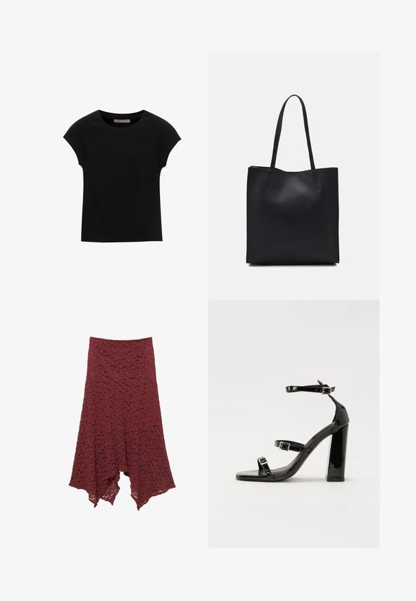 Čierne tričko s krátkym rukávom vyrobené z mäkkého materiálu, s okrúhlym výstrihom a voľným strihom, s hladkou textúrou a bez vzorov.; Bordová čipková sukňa s rozšírenou siluetou, so štruktúrovaným vzorom a asymetrickým lemom pre splývavý vzhľad.; Čierne lakované sandále na podpätku so štvorcovou špičkou, navlečenými remienkami okolo členku a striebornými prackami. Disponujú masívnym blokovým podpätkom pre stabilitu.; Čierna kožená taška na rameno s hladkým povrchom, obdĺžnikovým tvarom a dvoma dlhými uchami. Bez viditeľného kovania alebo ozdôb.